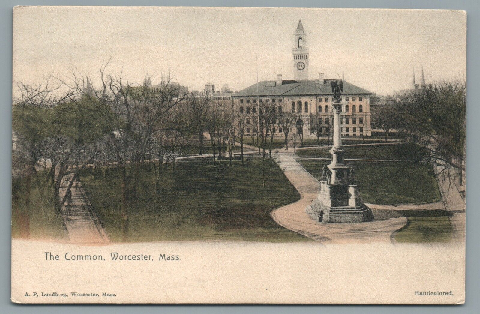 The Common Worcester Mass City Hall Hand Colored Vintage Postcard c1906