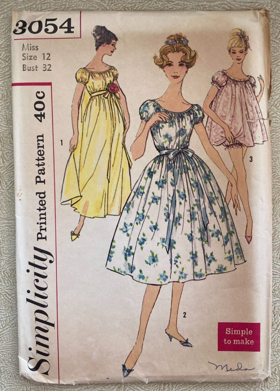 1959 Simplicity 3054 Misses\' Nightgown in Three Lengths and Panties Sz 12 UC FF