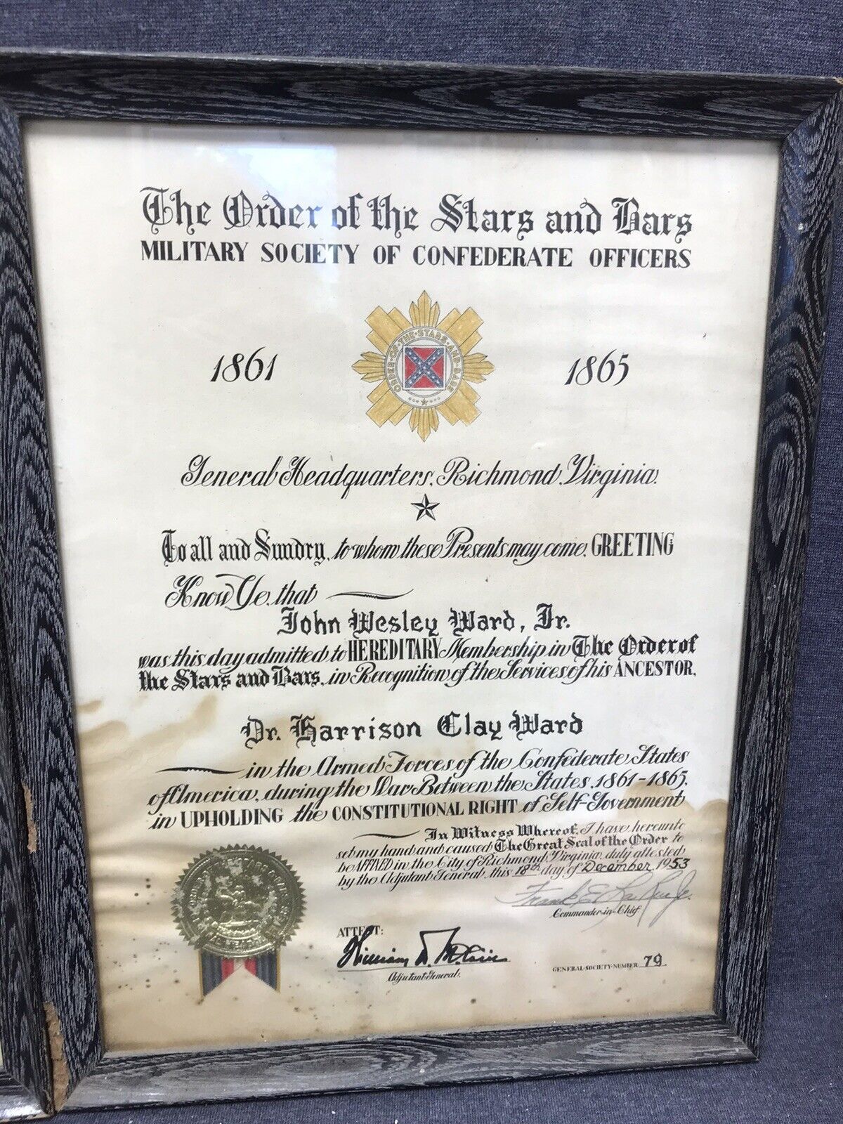 Military Society Of Confederate Officers Certificate Dr Harrison Clay Ward