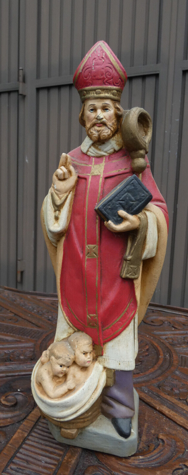 French antique chalk Rare Saint nicholas children  figurine statue religious