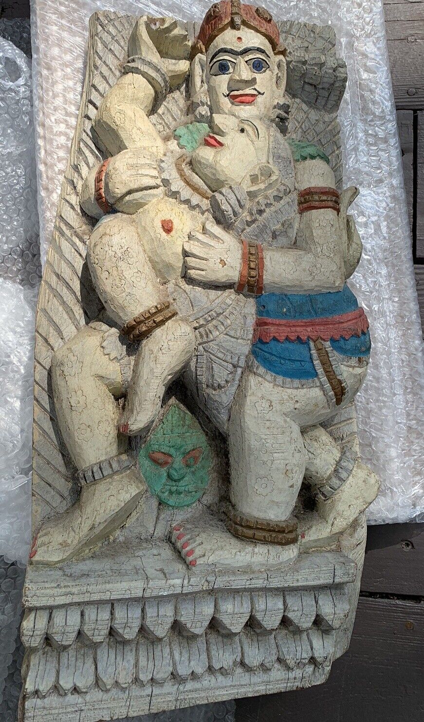  Old Vintage Thick Wooden Block Hand Engraved Hindu God Ganesha Figurine Statue 
