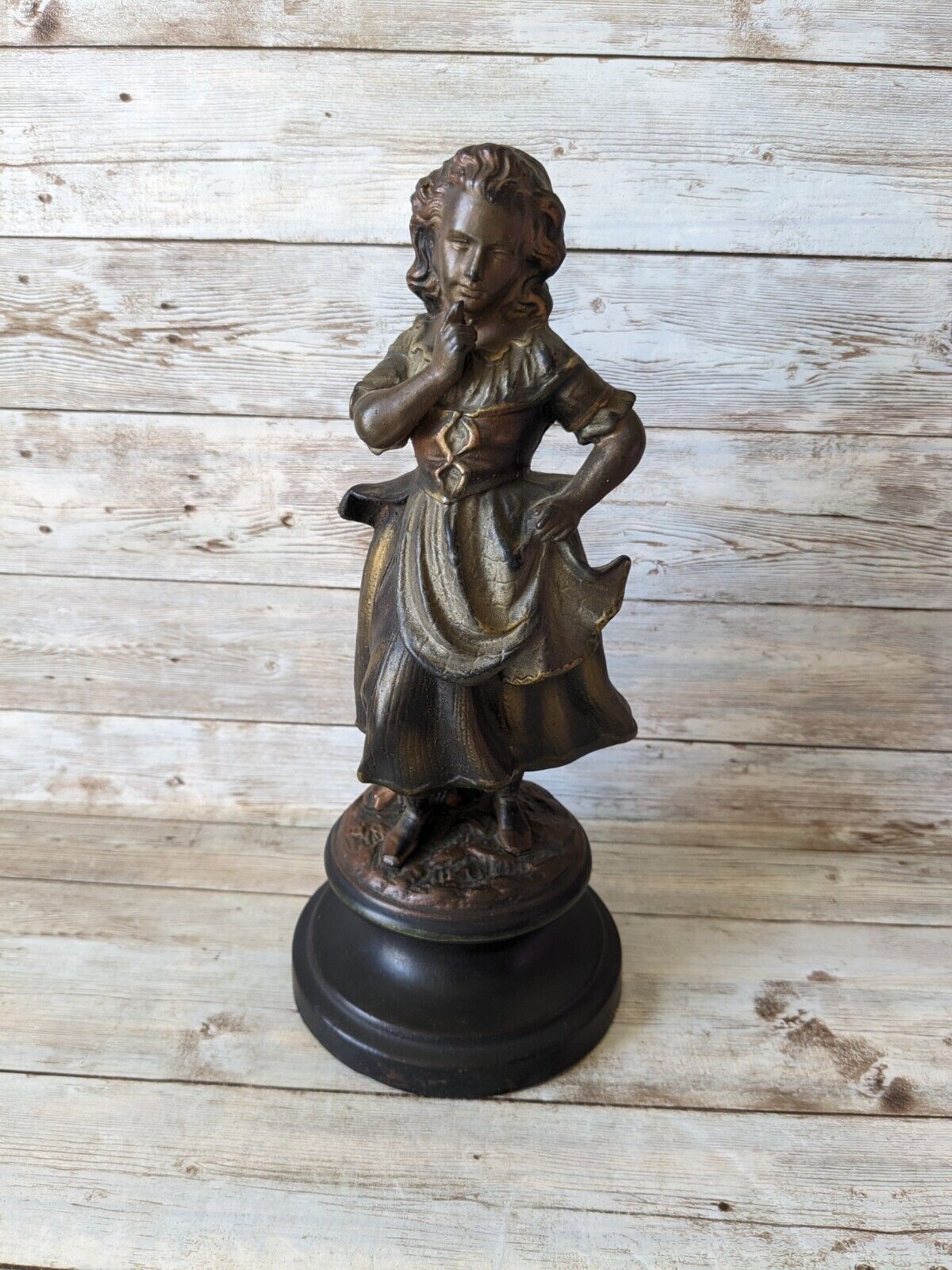 Antique Spelter Pot Metal Statue Peasant Girl With Base