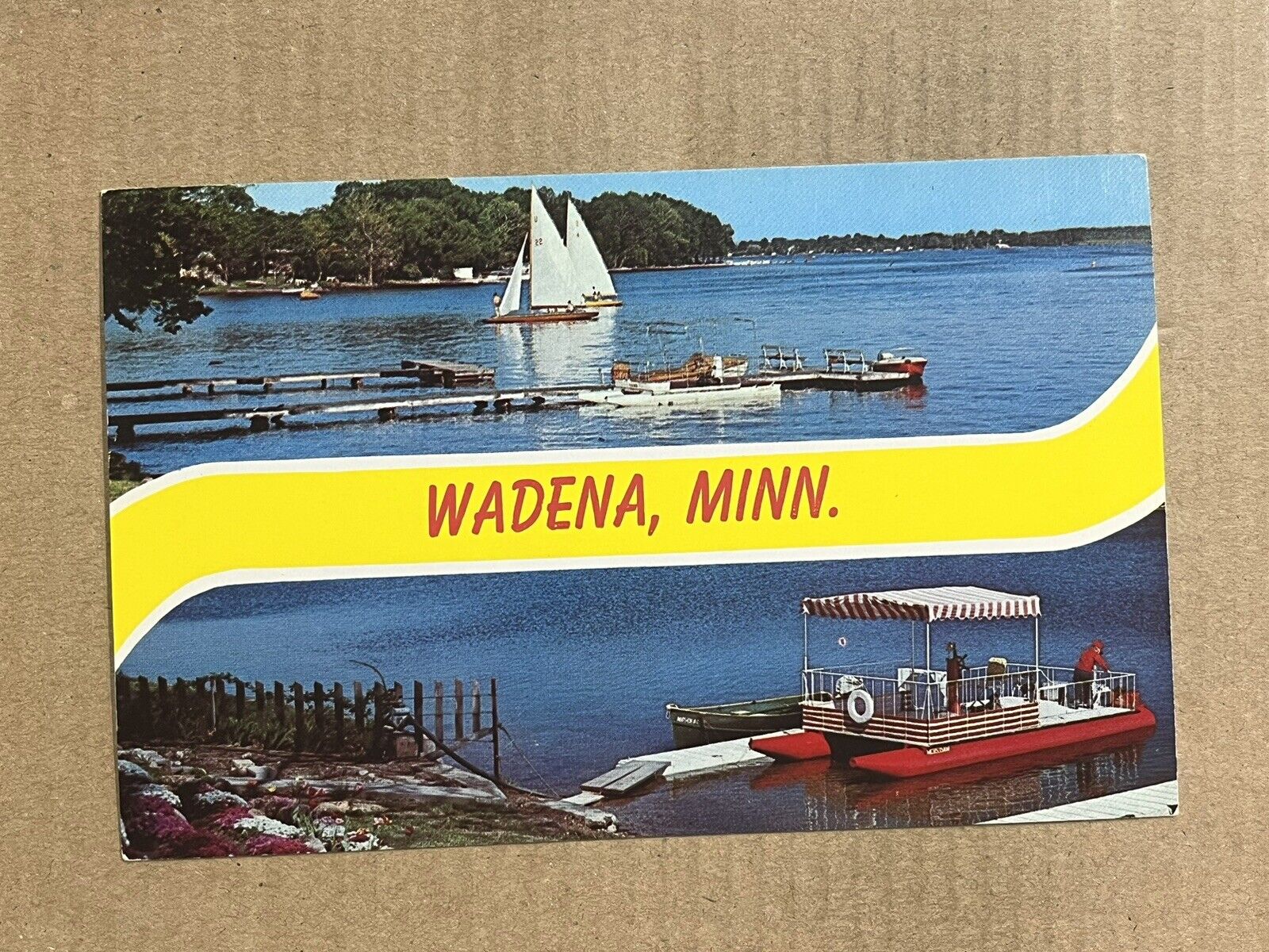 Postcard Wadena MN Minnesota Banner Greetings Scenic Lake Sail Boat Pontoon