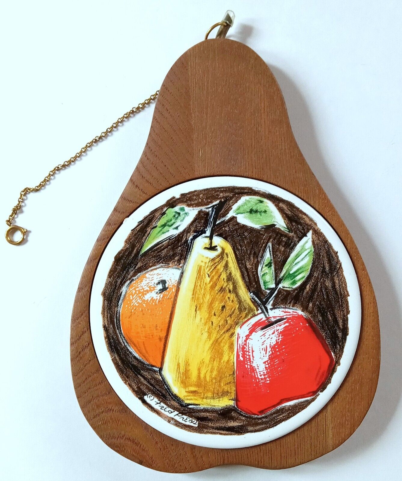 Vtg 60s Signed Fred Press Cheese Board Pear Tile Tray Trivet Mid Century MCM
