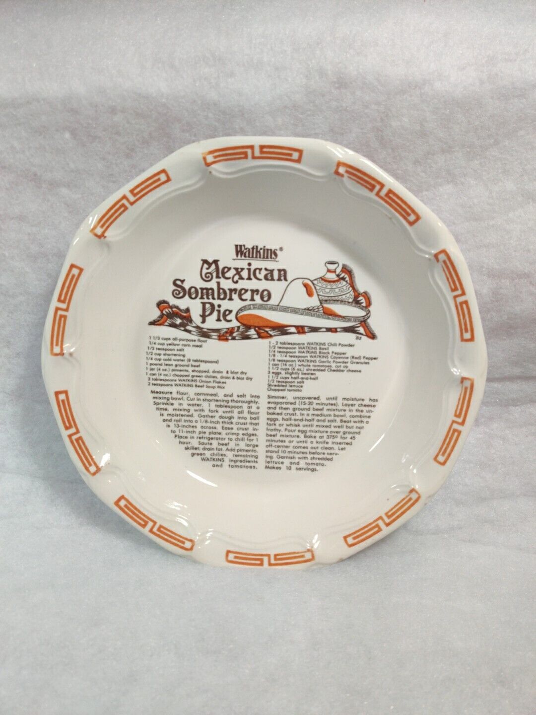 Vintage Watkins Recipe Pie Plate - Mexican Sombrero Pie