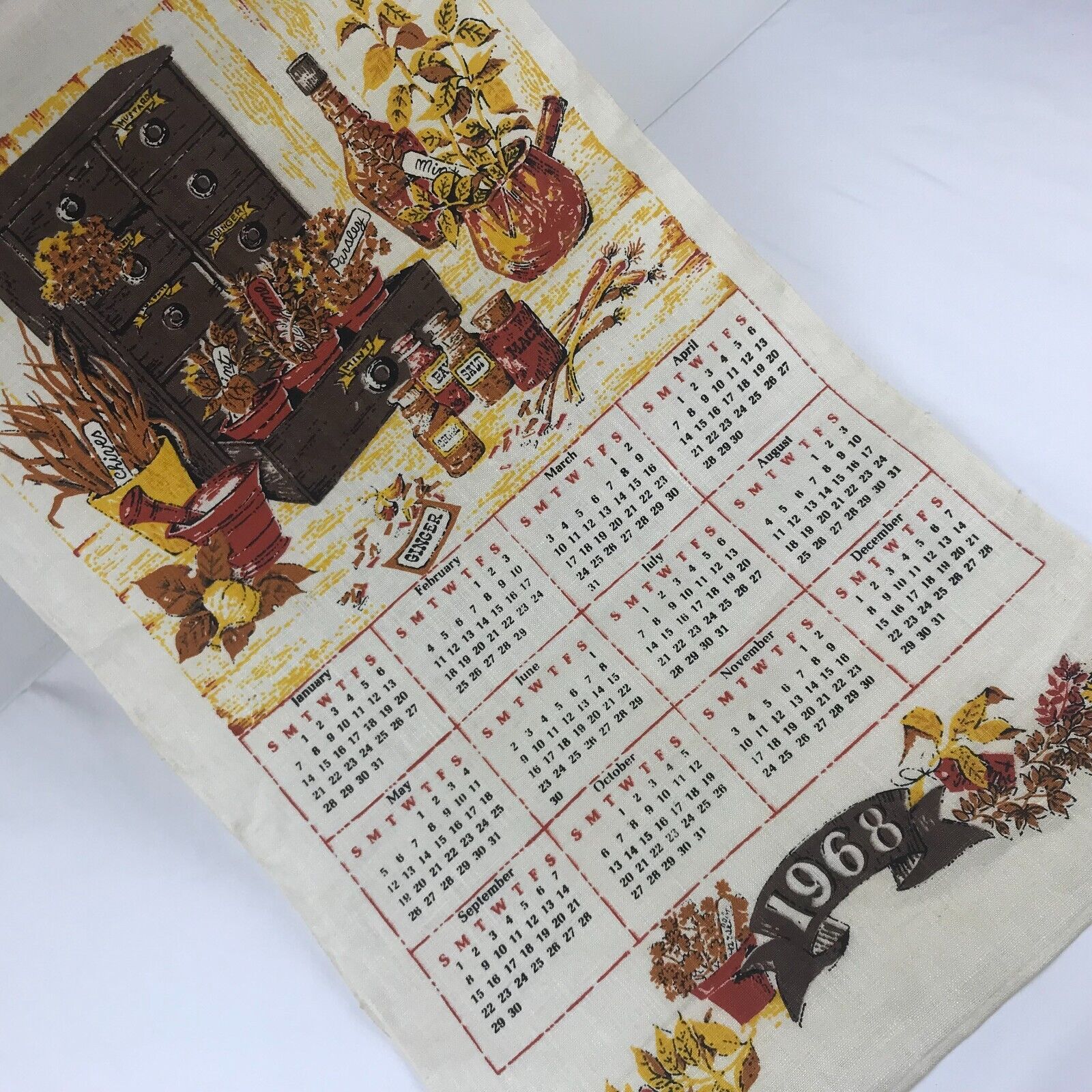 Vtg 1968 Hanging Cloth Calendar ~ Dish Tea Towel Linen Farmhouse Harvest Spices