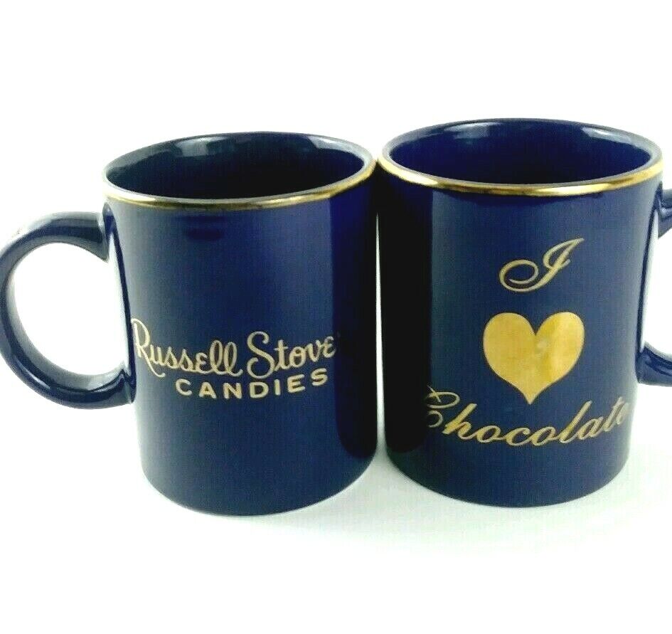 Lot of 2 Russell Stover Candies Coffee Mugs Royal Navy Blue Gold Chocolate Love
