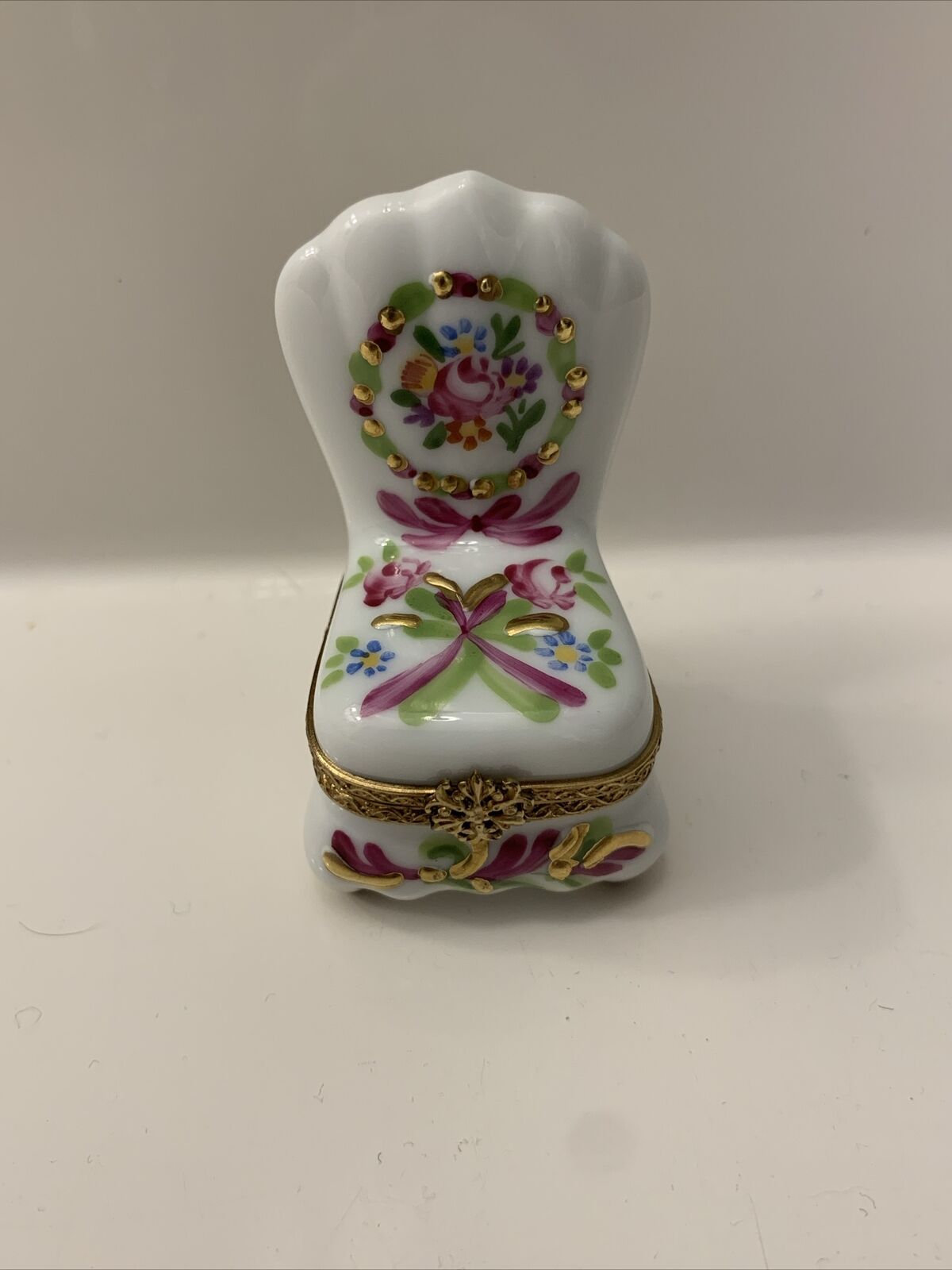 Rochard Limoges Hand Painted Porcelain Trinket Box Pink Gold Floral Chair France