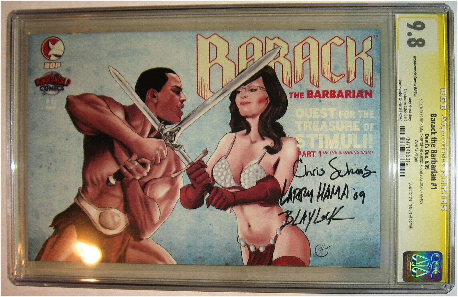 Barack the Barbarian #1 3X SIGNED SS CGC 9.8 HAMA/SCHONS/BLAYLOCK WONDERWORLD