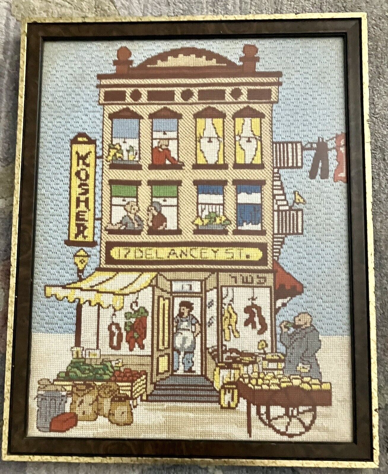 Judaica Needlepoint Old New York City Kosher Delaney St. Shop 20.5”x 16.5” Great