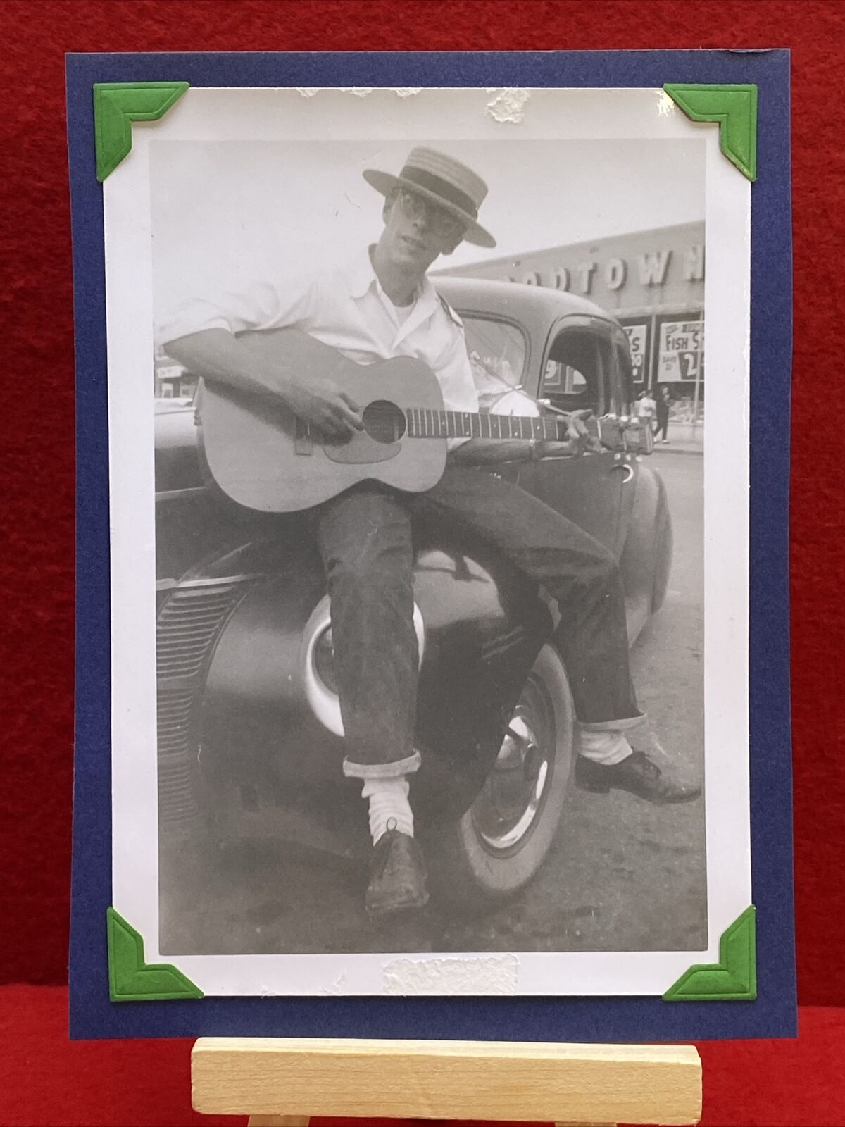 1900s 1950s Young Man Guitar on Classic Car - Original Vintage Photo Rare OOAK