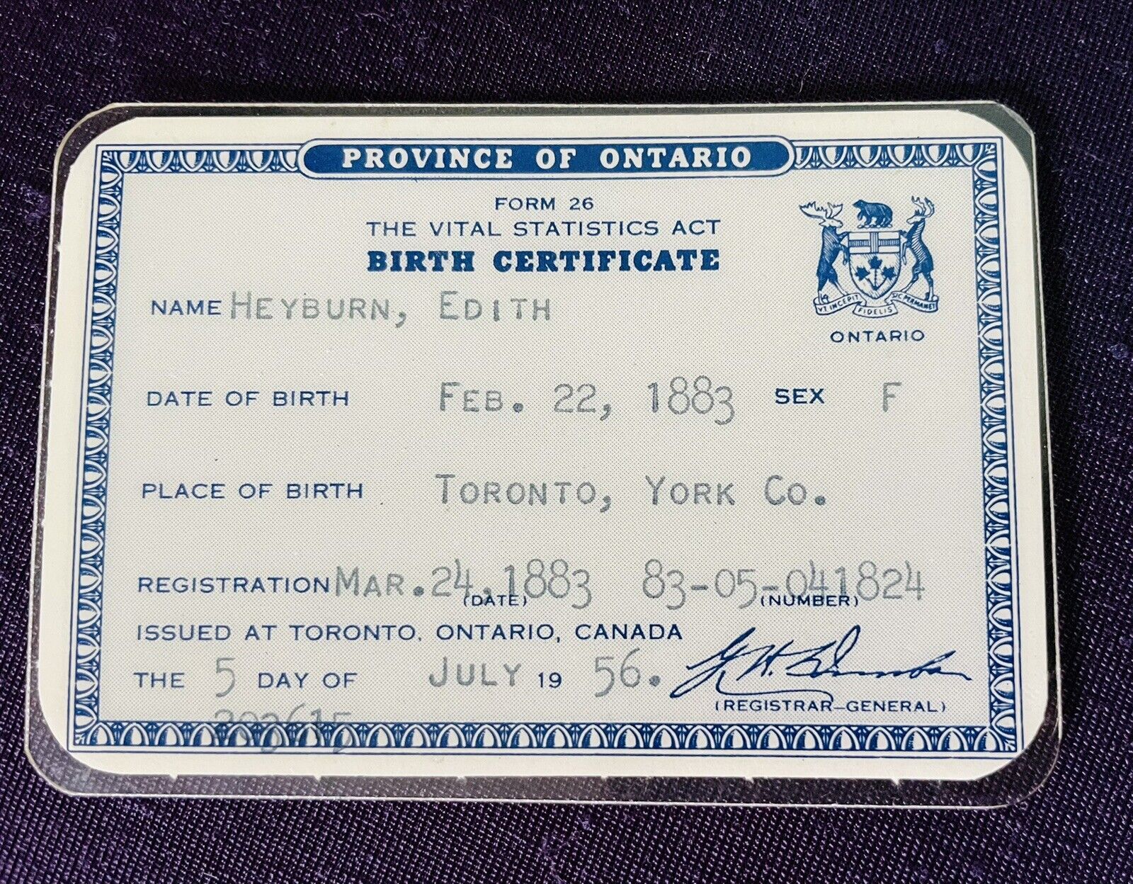 Vintage 1956 Laminated Card of 1883 Birth Certificate - Province of Ontario