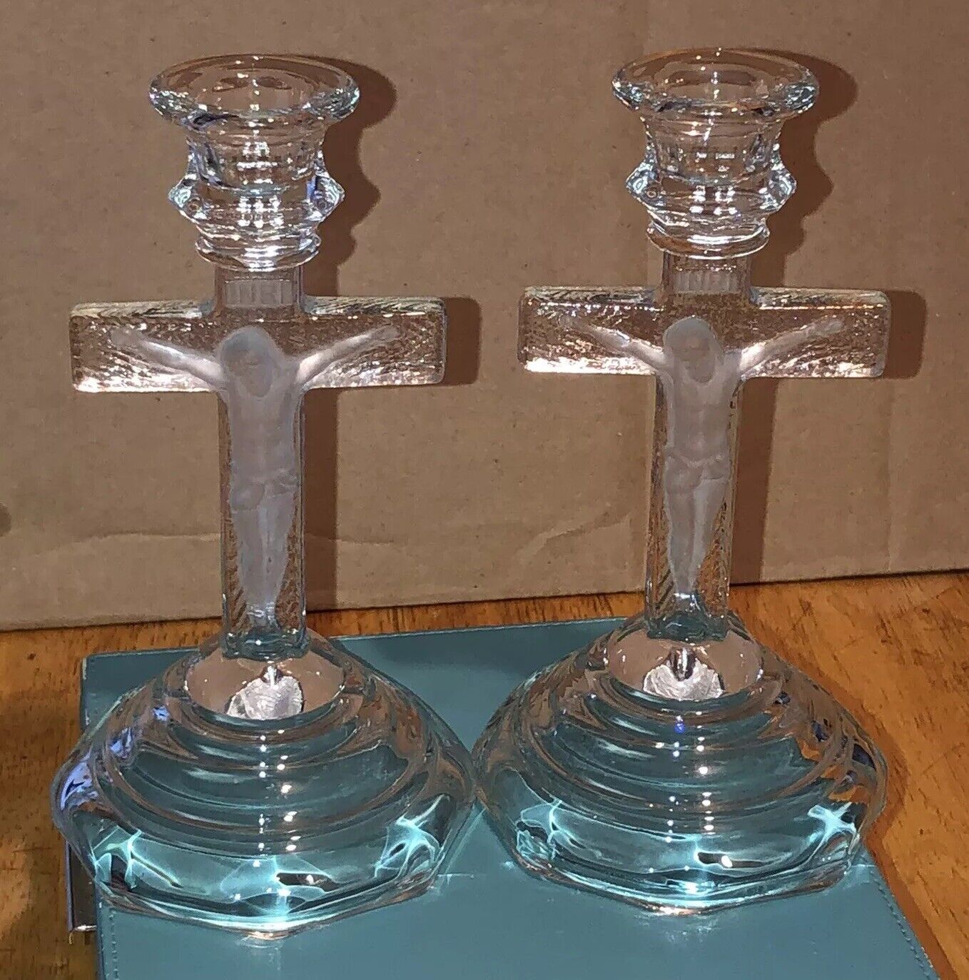 Beautiful Pair Vintage Mckee Glass Jesus Crucifixion Candleholders