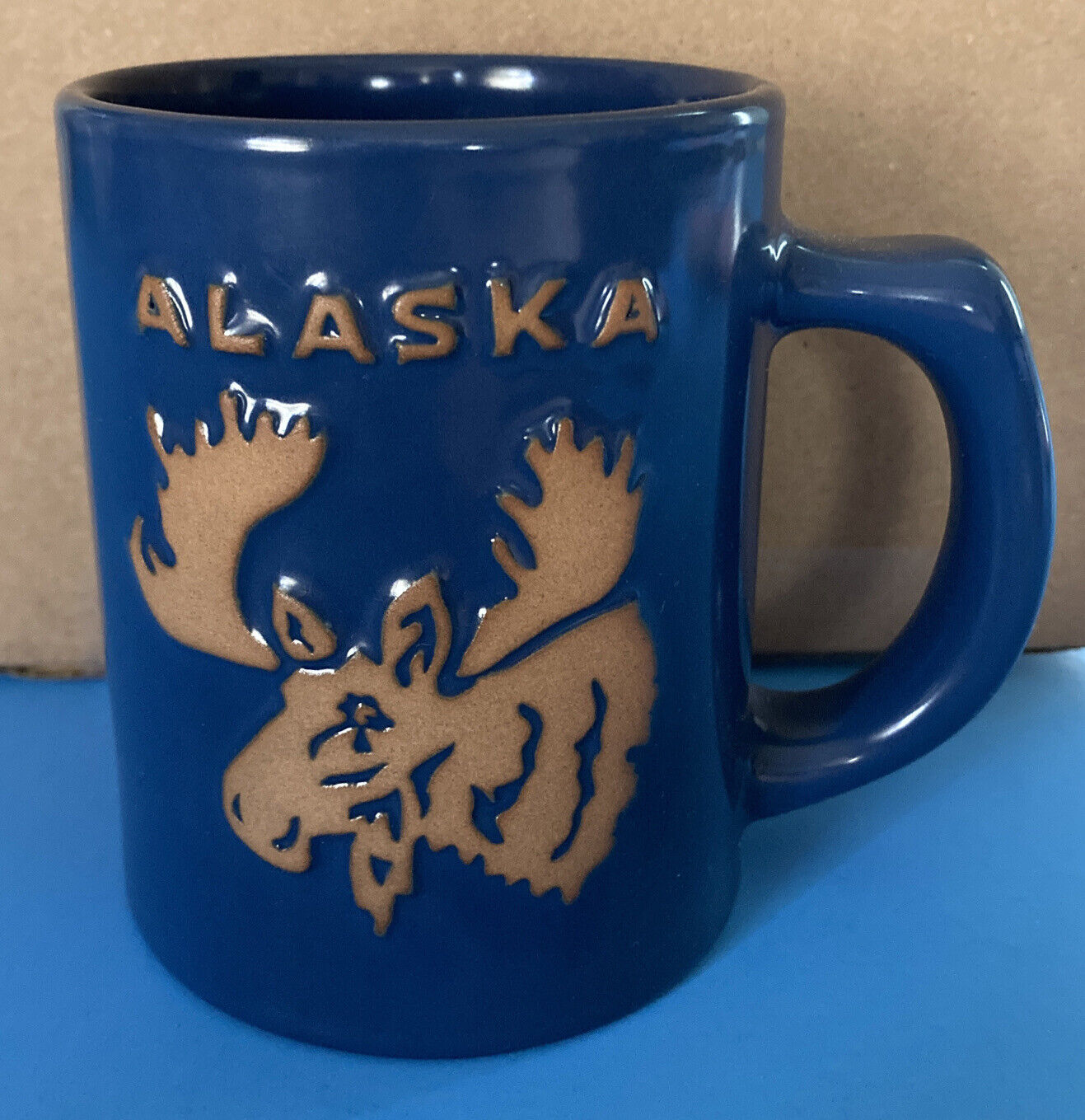 Alaska Moose Blue Embossed Souvenir 10 oz. Stoneware Coffee Mug
