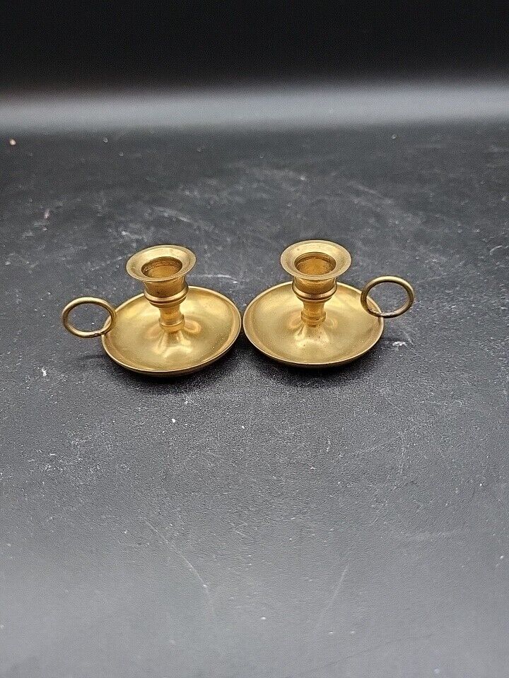 VTG Tiny Brass Candle Holders Chamber Taper 2 PC Finger Loops 1 1/4\