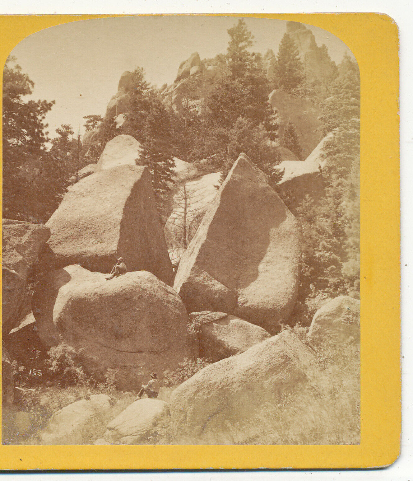 Men at Split Rock on the Pike\'s Peak Trail CO Gurnsey Stereoview c1875