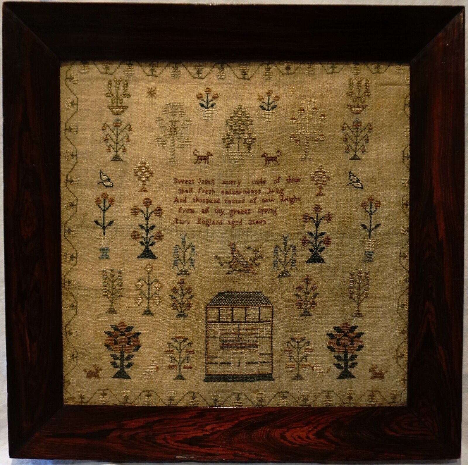 EARLY 19TH CENTURY HOUSE, MOTIF & VERSE SAMPLER BY MARY EAGLAND AGED 13 - c.1840