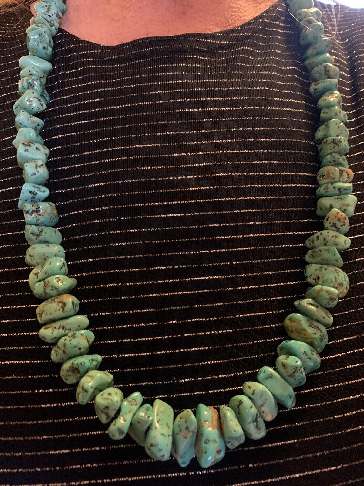 Vintage Grandma Turquoise Necklace Nuggets With Walnut Shells Beads 29” Long,