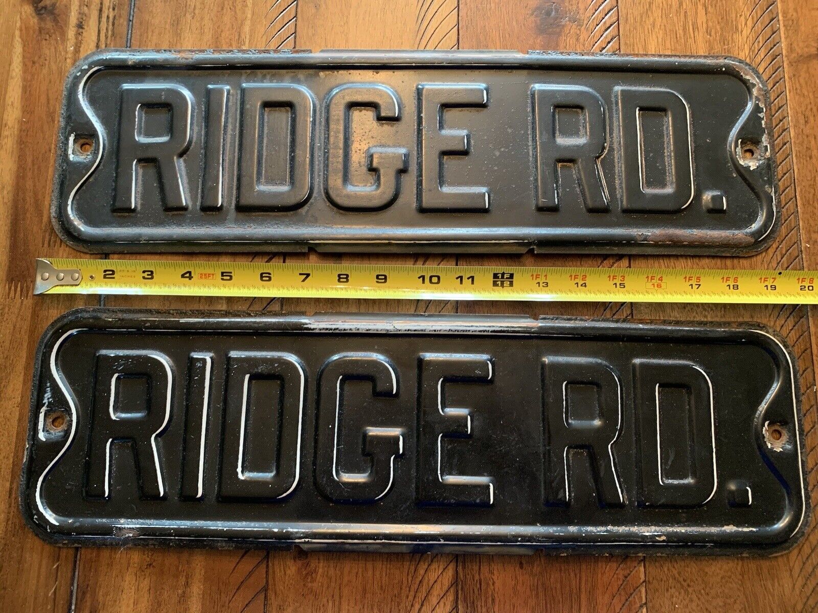 (2) Vintage Ridge Road Metal Street Signs, Embossed, Black, App. 19”, Read