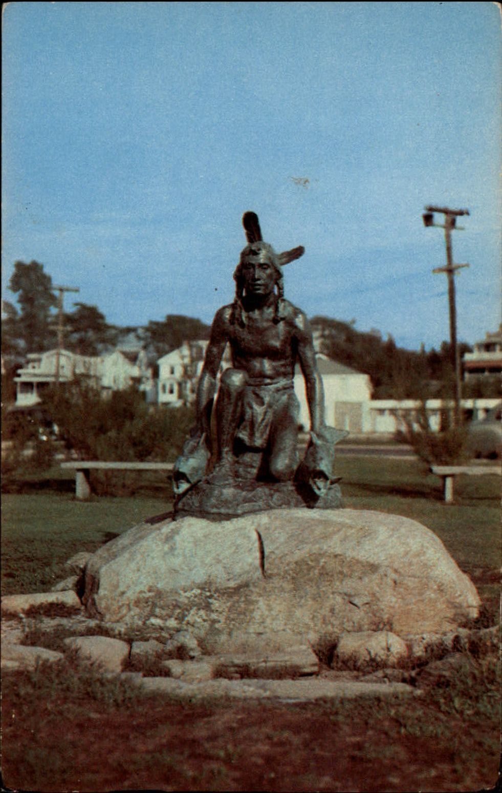 Rhode Island Watch Hill Chief Ninigret Statue ~ 1952 vintage postcard  sku267