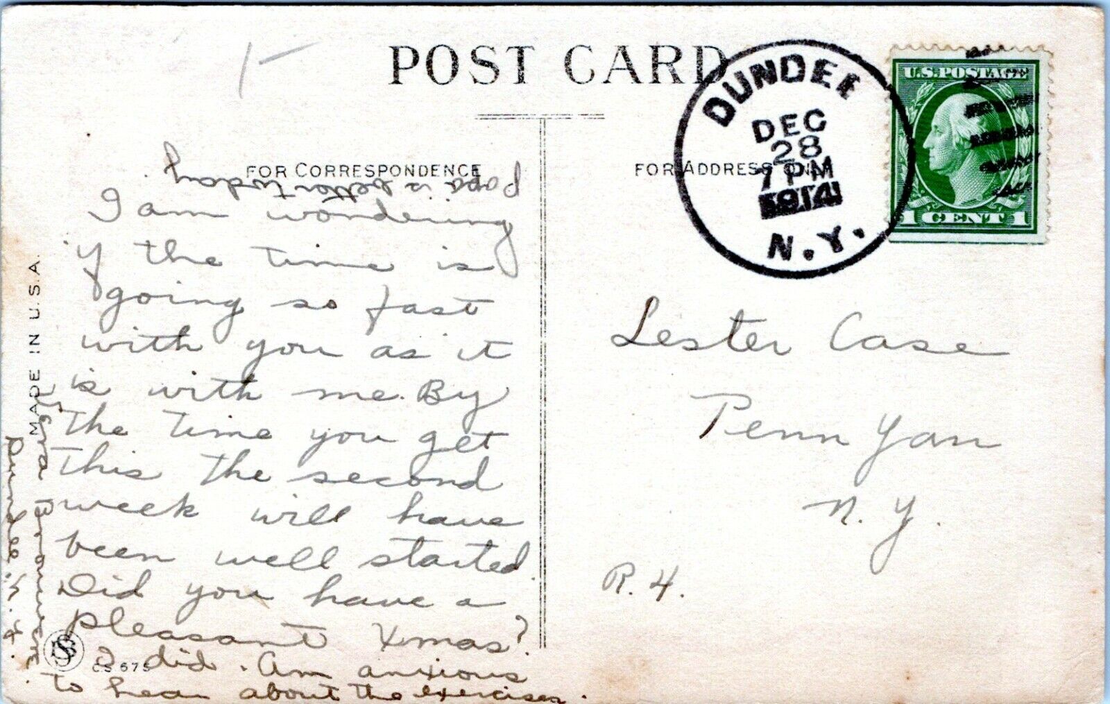 Dundee New York Postmark Postcard to Penn Yan Lester Case Cover 1914 KQ