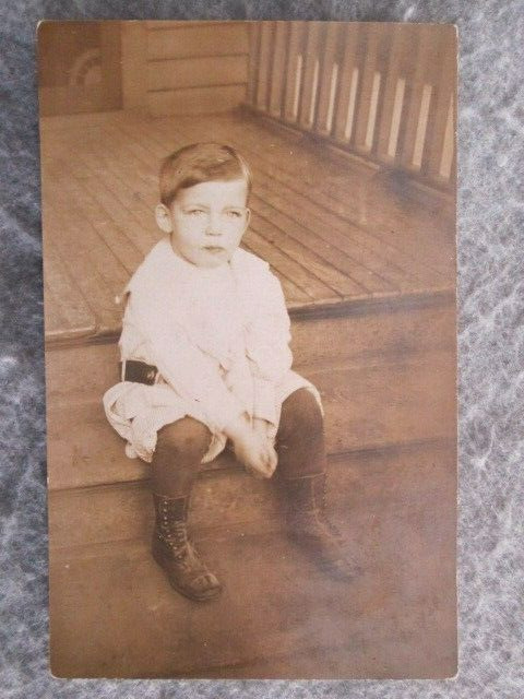 Antique Norman, Little Boy Sitting On Porch Real Photo Postcard