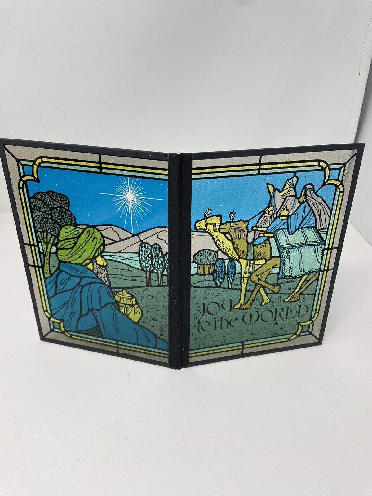 Vtg Joy To The World Wisemen Camel Christmas Yorkcraft Stained Glass  10x7 +*
