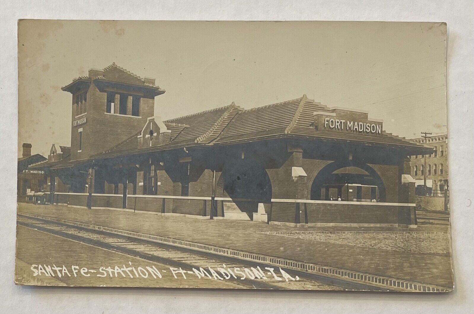 Railroad Station. Fort Madison, Iowa.  Real Photo Postcard.