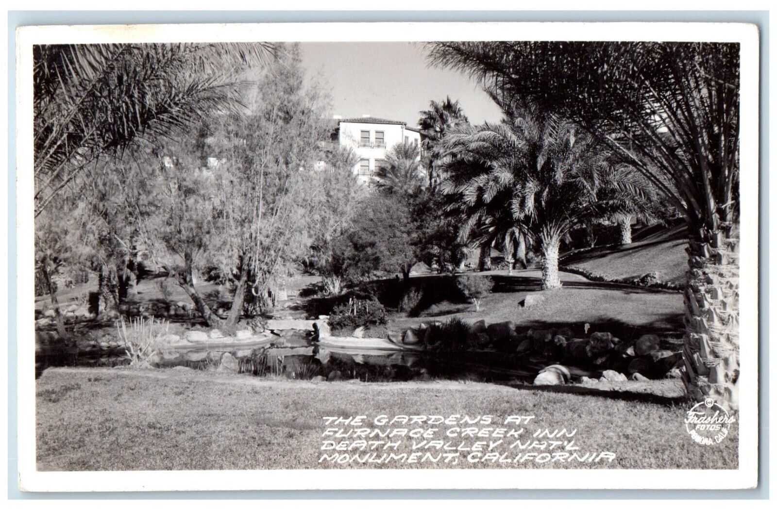c1940\'s Furnace Creek Inn Gardens Death Valley Frashers CA RPPC Photo Postcard