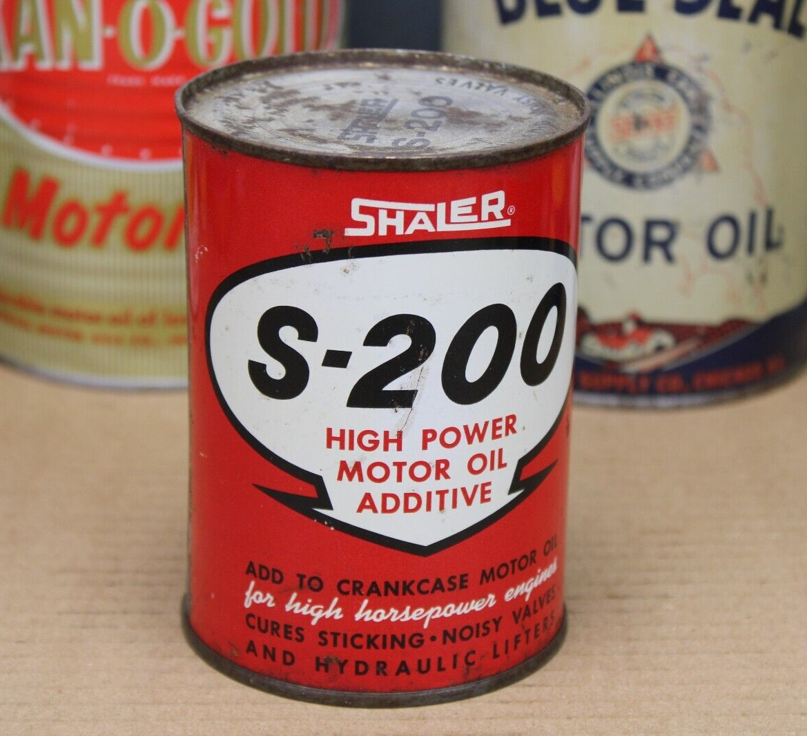 FULL NO LEAKS~ 1950s era SHALER S-200 MOTOR OIL Old Soldered Seam Tin Oil Can