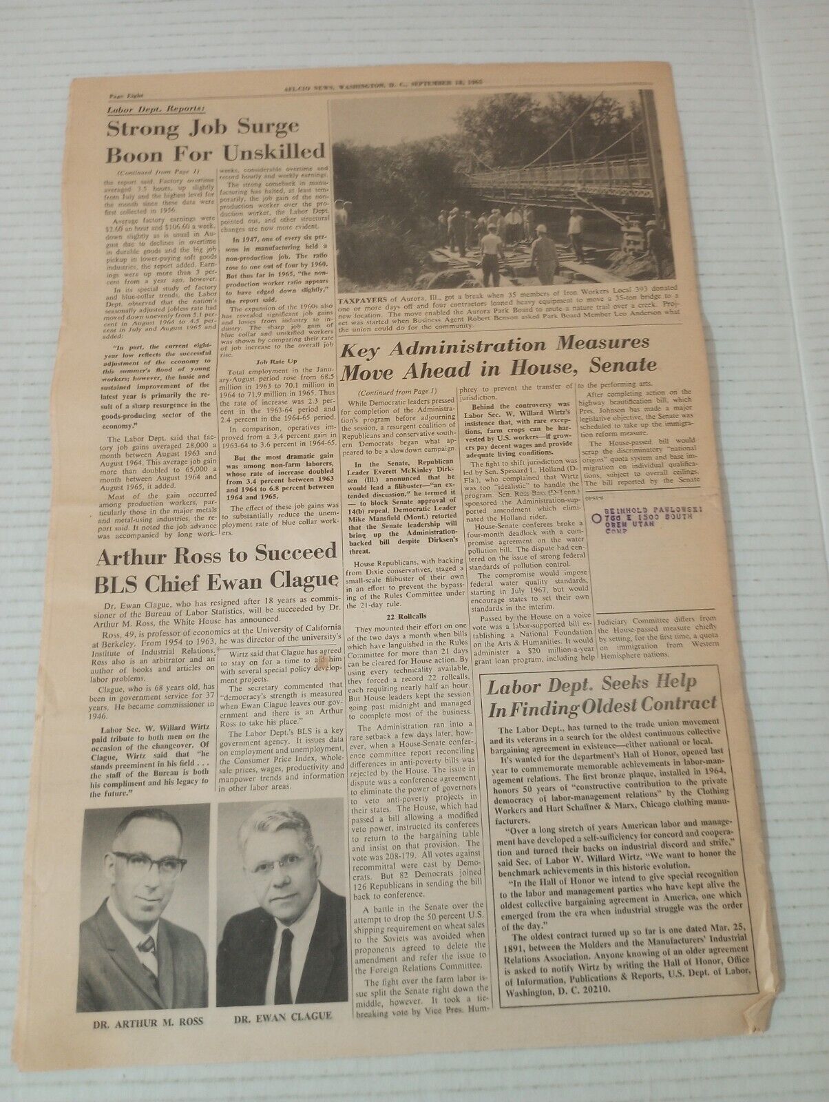 AFL-CIO News Saturday September 18 1965 With 1925 Typo