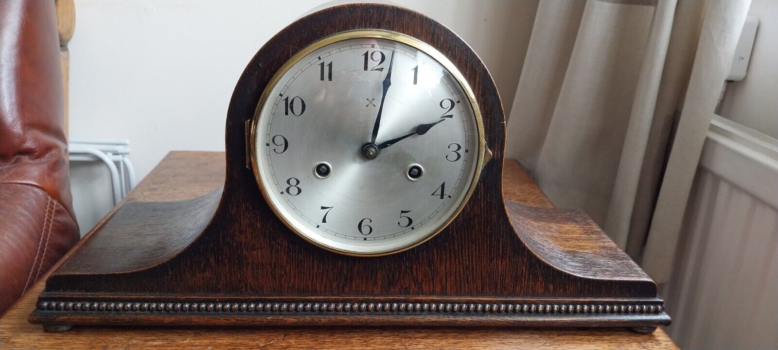Antique Napoleon hat mantel clock in dark Oak excellent condition working Order 