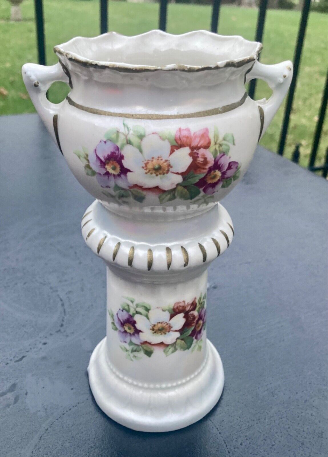 Antique German Austrian Porcelain Vase Purple Alpine Wild Flowers X mark 7 5/8”