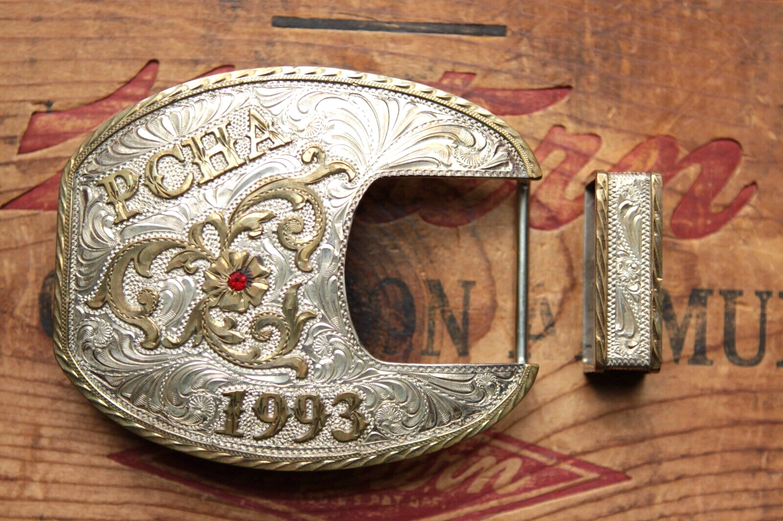 Vintage Kathy\'s Sterling Overlay PCHA  1993 Cowboy Cowgirl Trophy Belt Buckle