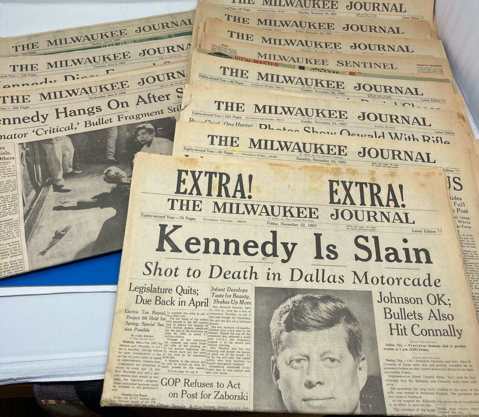 Lot of 13 Milwaukee Journal Newspapers JFK RFK Nov 1963 June 1968 Assassinations