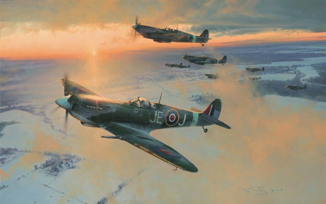 MIDWINTER DAWN by Robert Taylor signed by Johnnie Johnson & WW Spitfire Pilots