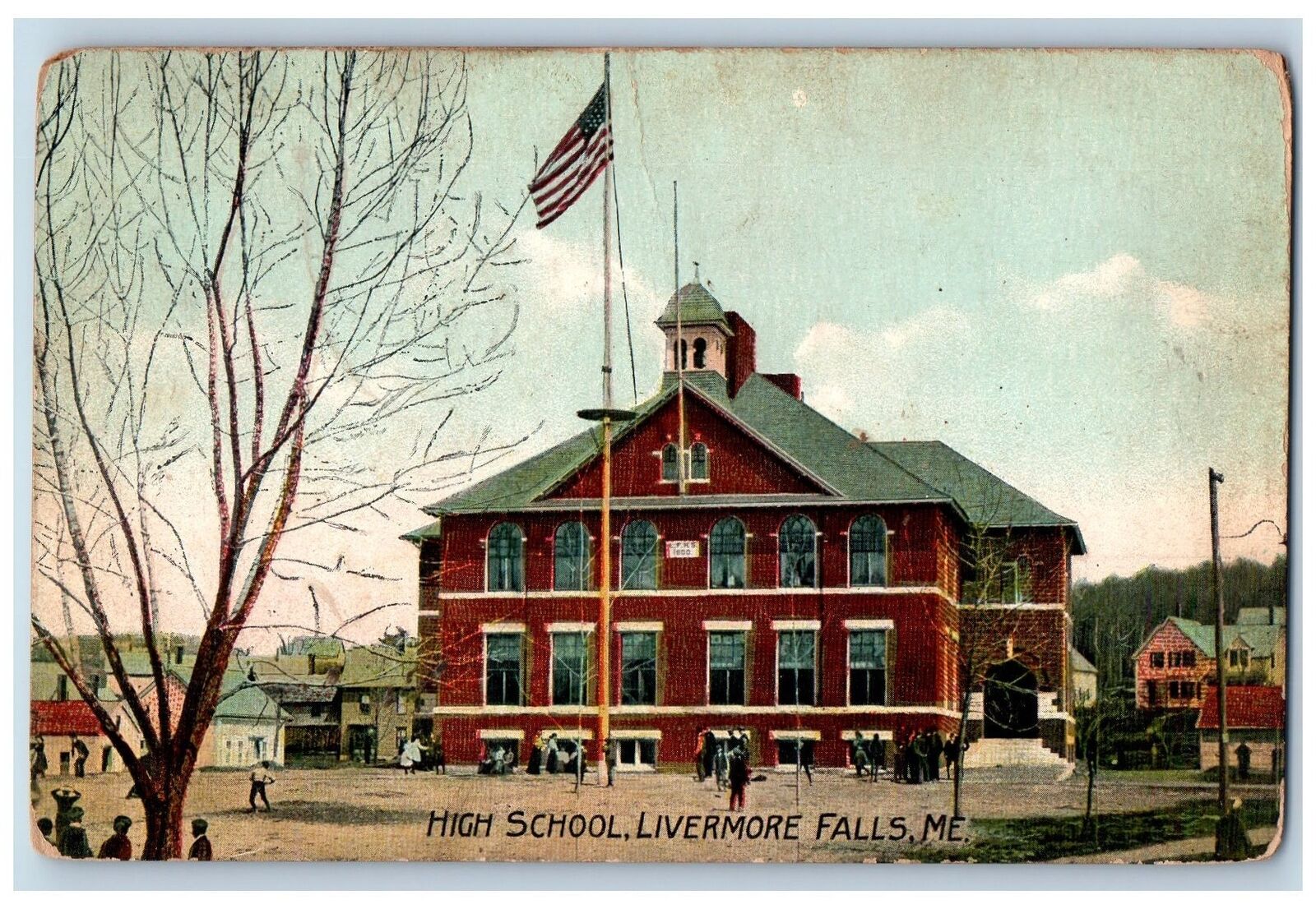 Livermore Falls Maine Postcard High School Building Exterior 1908 Antique Flag