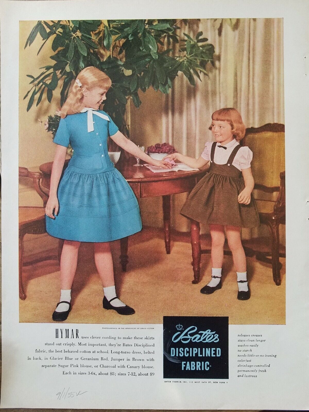 1955 Bates disciplined fabric little girls dresses Hymar vintage fashion ad