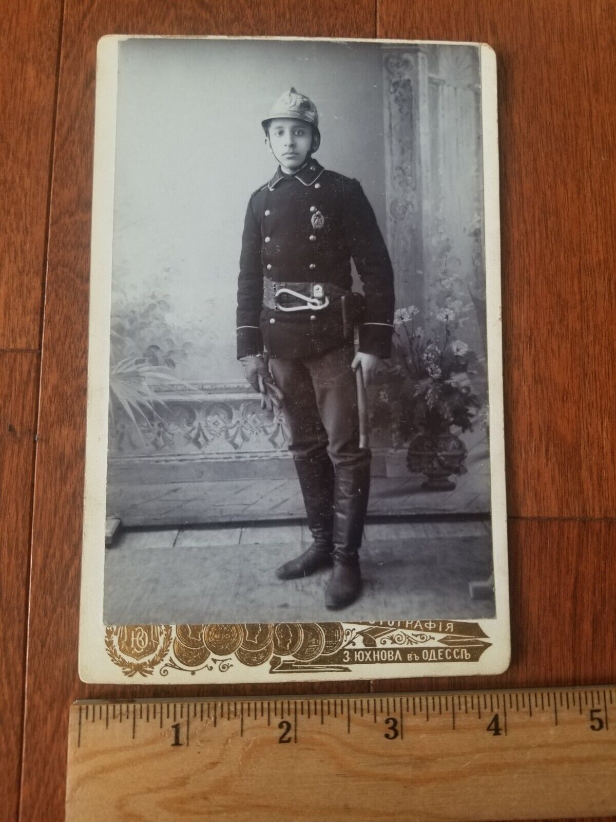 1905 Russian Fireman with Helmet and Axe Cabinet Photograph