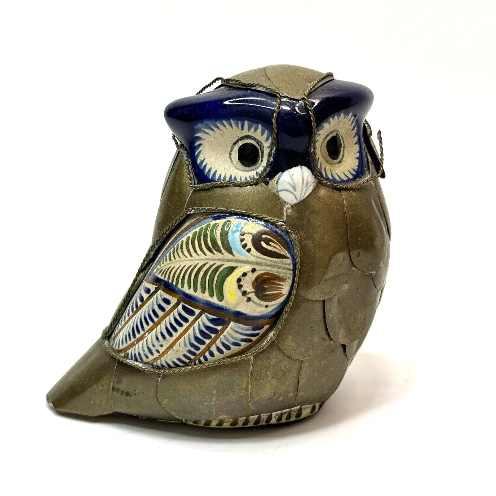 Sergio Bustamante Colbalt Blue and Gold Ceramic and Brass Owl