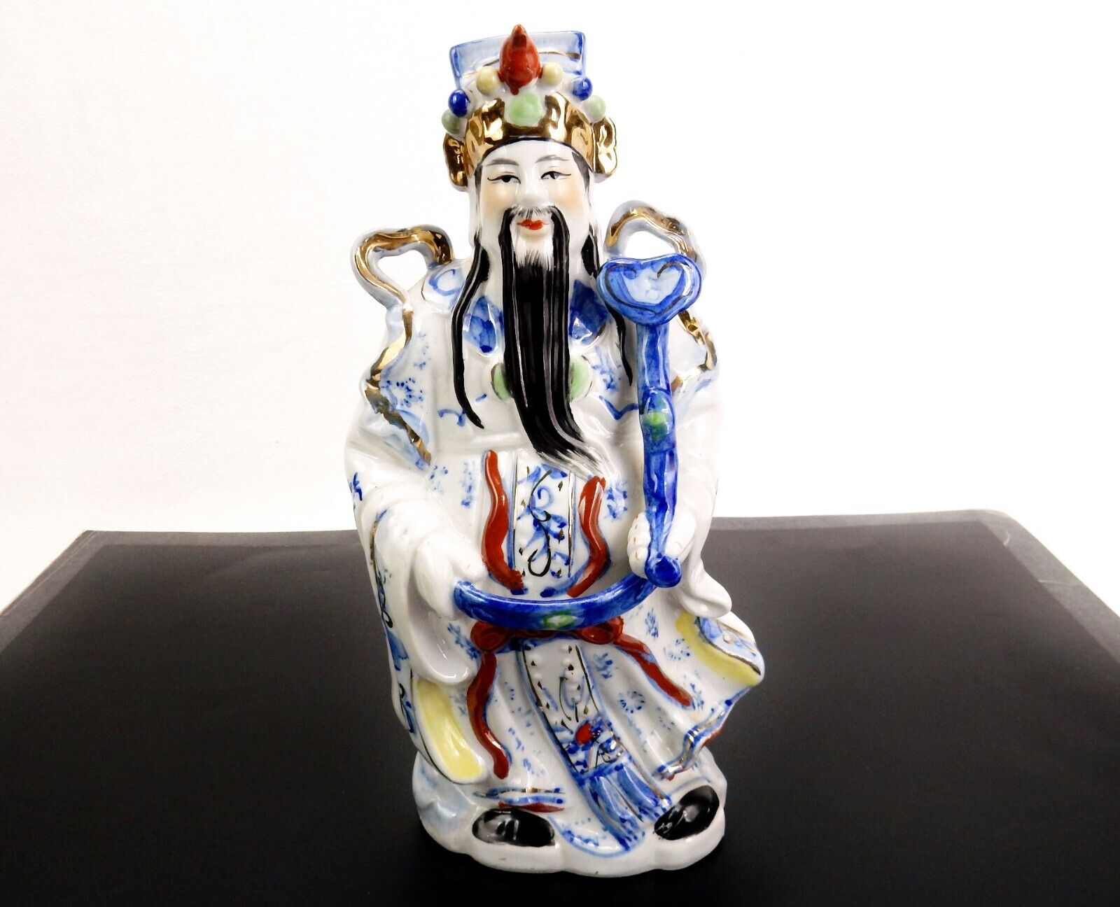 Vintage Porcelain Figurine, Long Bearded Oriental Man, White Robe w/Blue Print