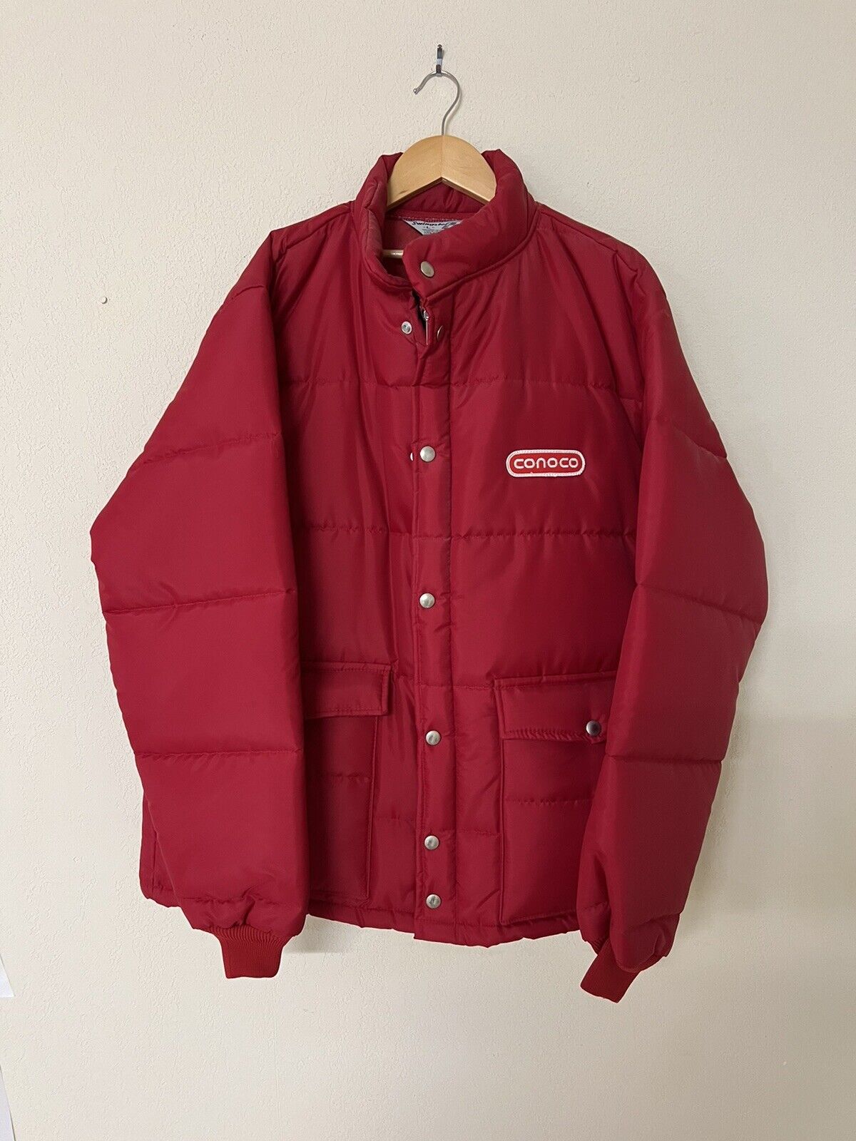 Vintage Conoco Gas Swingster Coat Sz Large Red Puffy Button Zip Up Jacket Logo