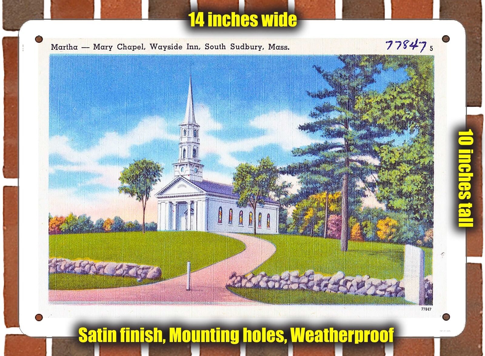 METAL SIGN - Massachusetts Postcard - Martha - Mary Chapel, Wayside Inn, South