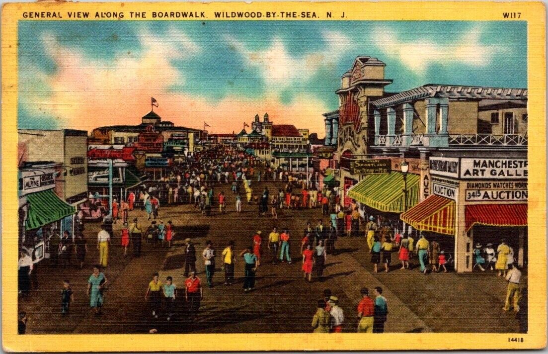 Wildwood New Jersey NJ View Along The Boardwalk By The Sea 1940s Postcard