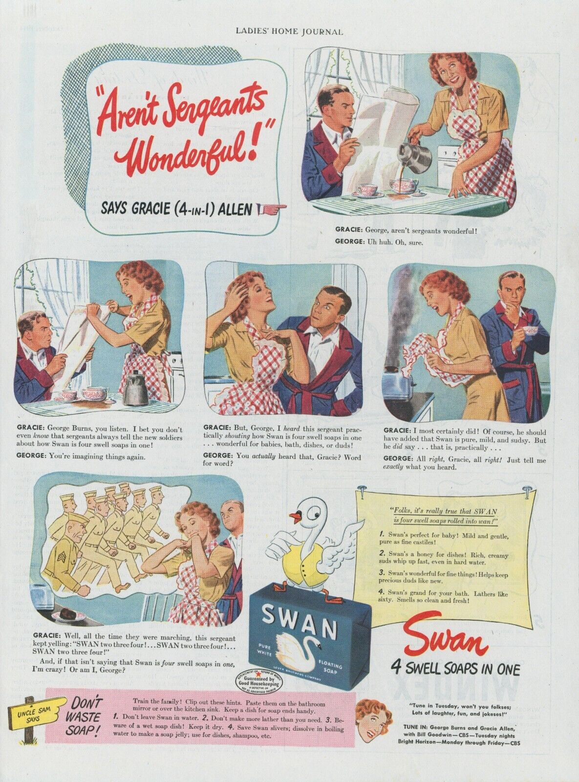1944 Swan Soap Gracie Allen George Burns Sergeants Wonderful Print Ad LHJ1