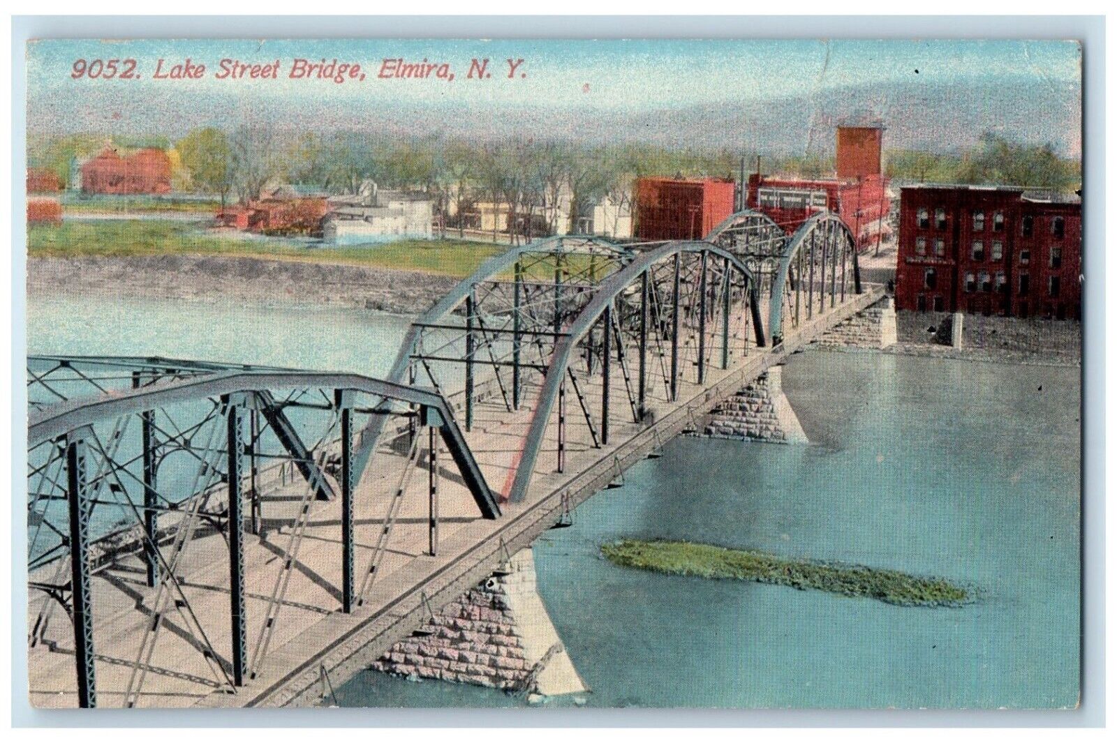 1914 Birds Eye Aerial View Lake Street Bridge River Elmira New York NY Postcard