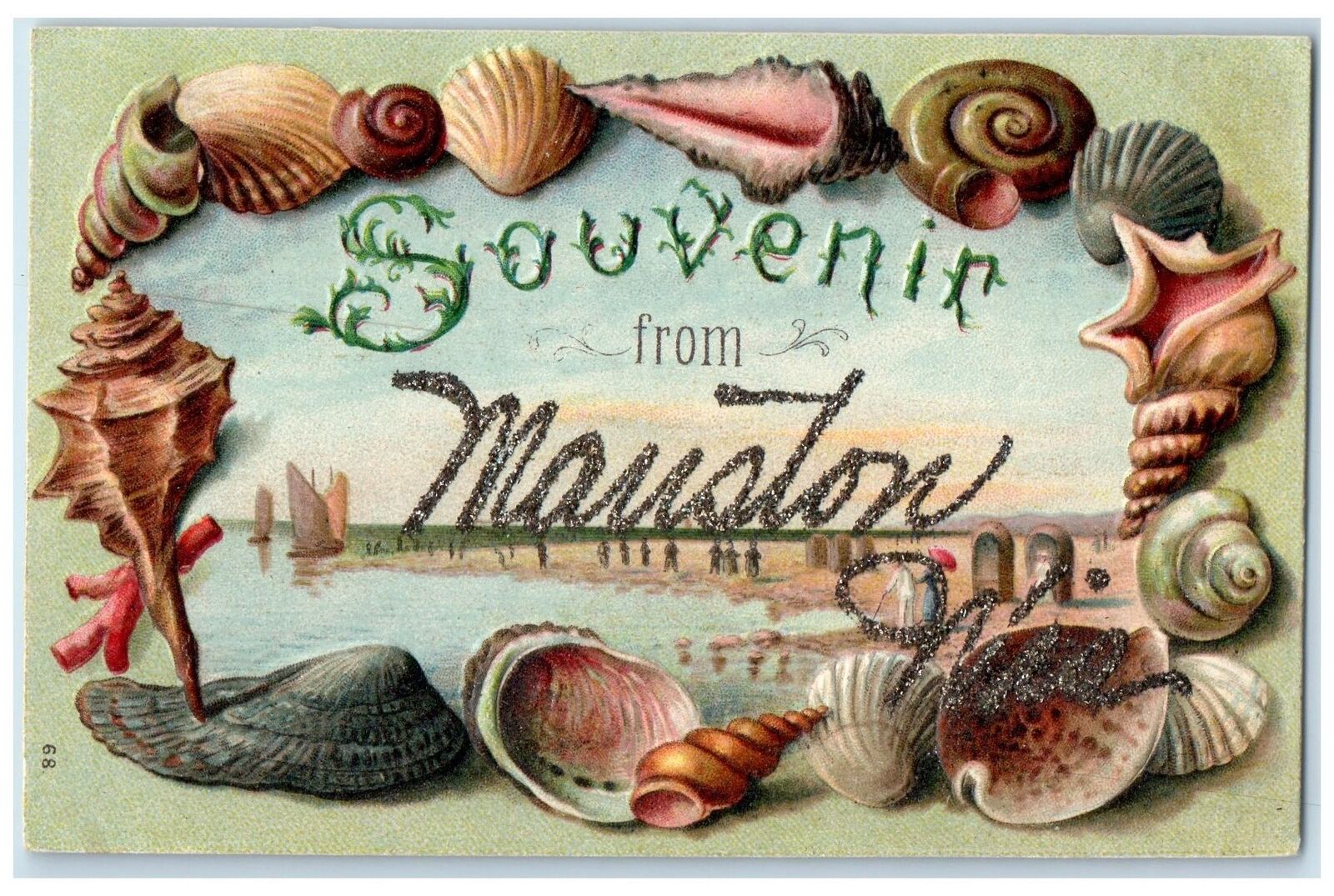 1910 Souvenir From Mauston Wisconsin WI Embossed Seashells Beach Boats Postcard