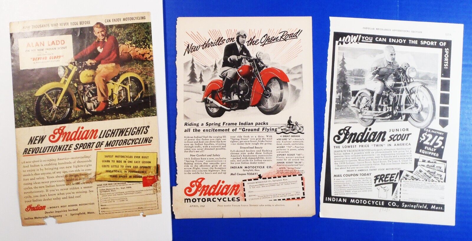 1941 1948 1957 Indian Motocycle Advertising featuring Alan Ladd