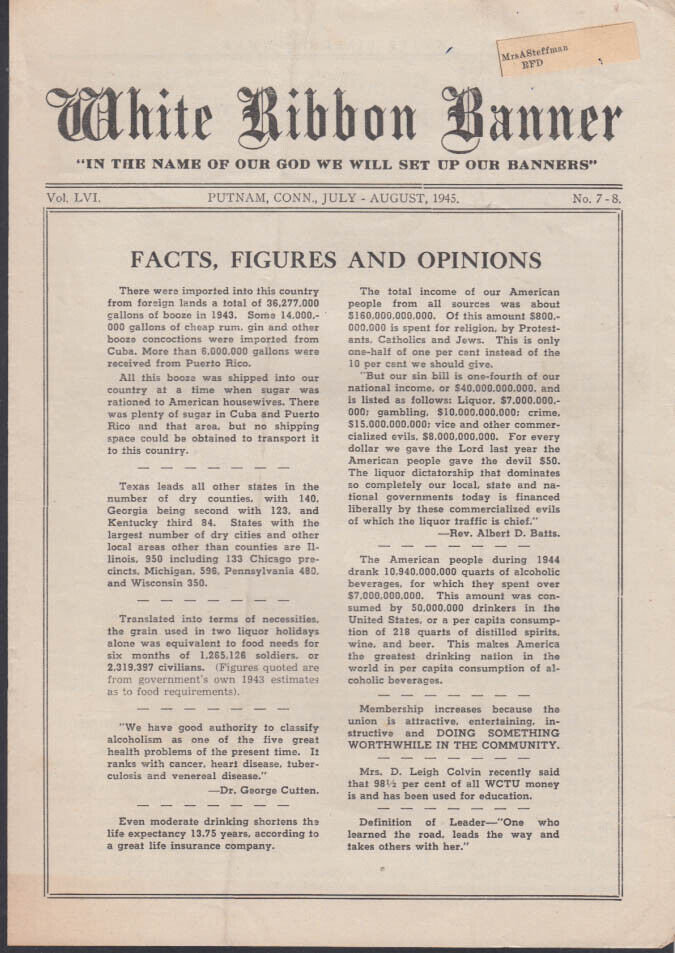 WCTU Women\'s Christian Temperance Union WHITE RIBBON BANNER 7-8 1945 Putnam CT