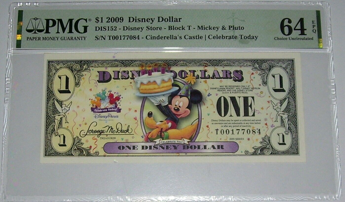 2009 $1 Disney Dollar Mickey, Pluto & Cinderella's Castle PMG 64 EPQ Block T